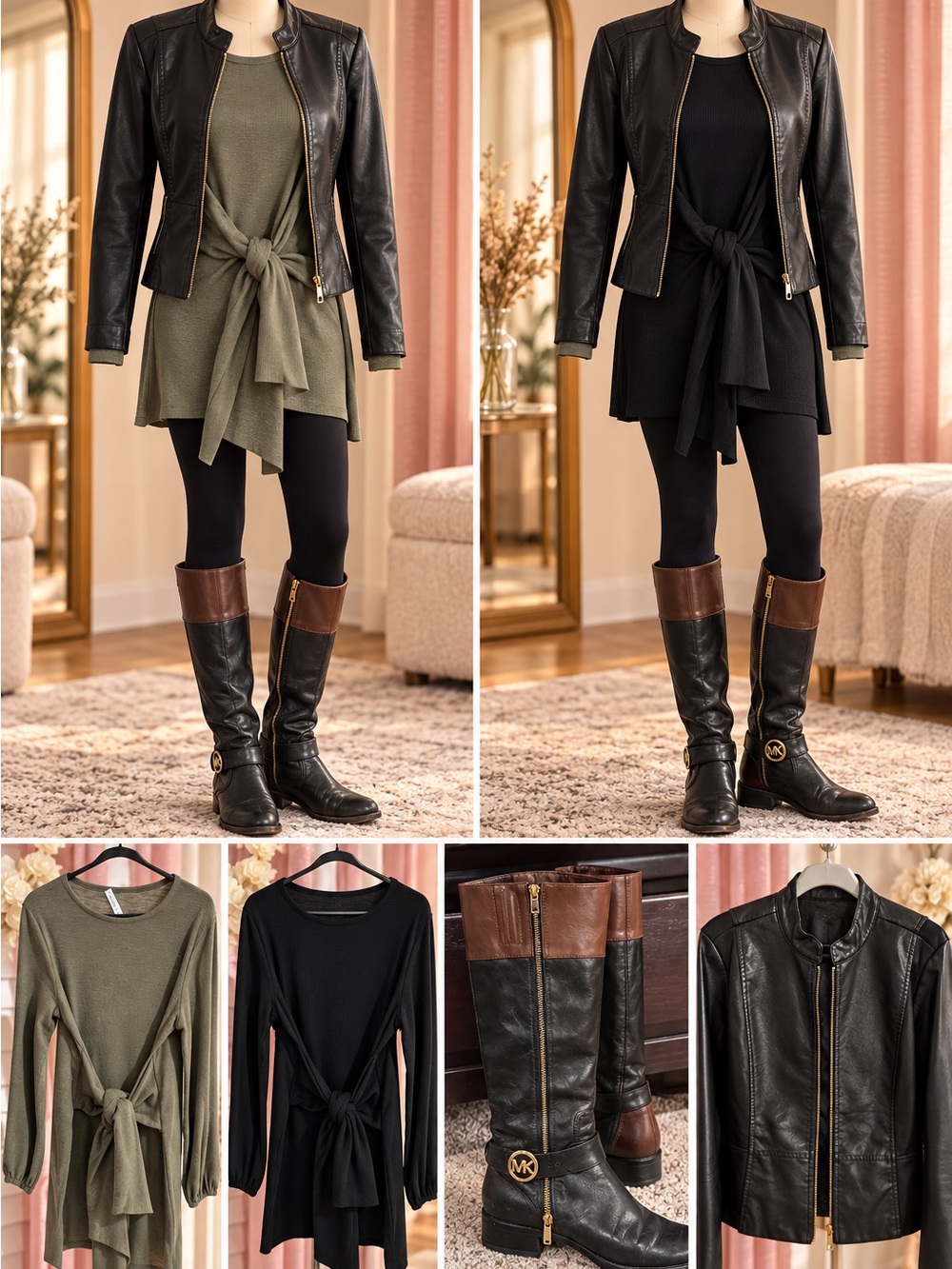 Michael Kors Riding Boots + Moto Jacket & 2 Tunic Tops Fall Outfit Bundle